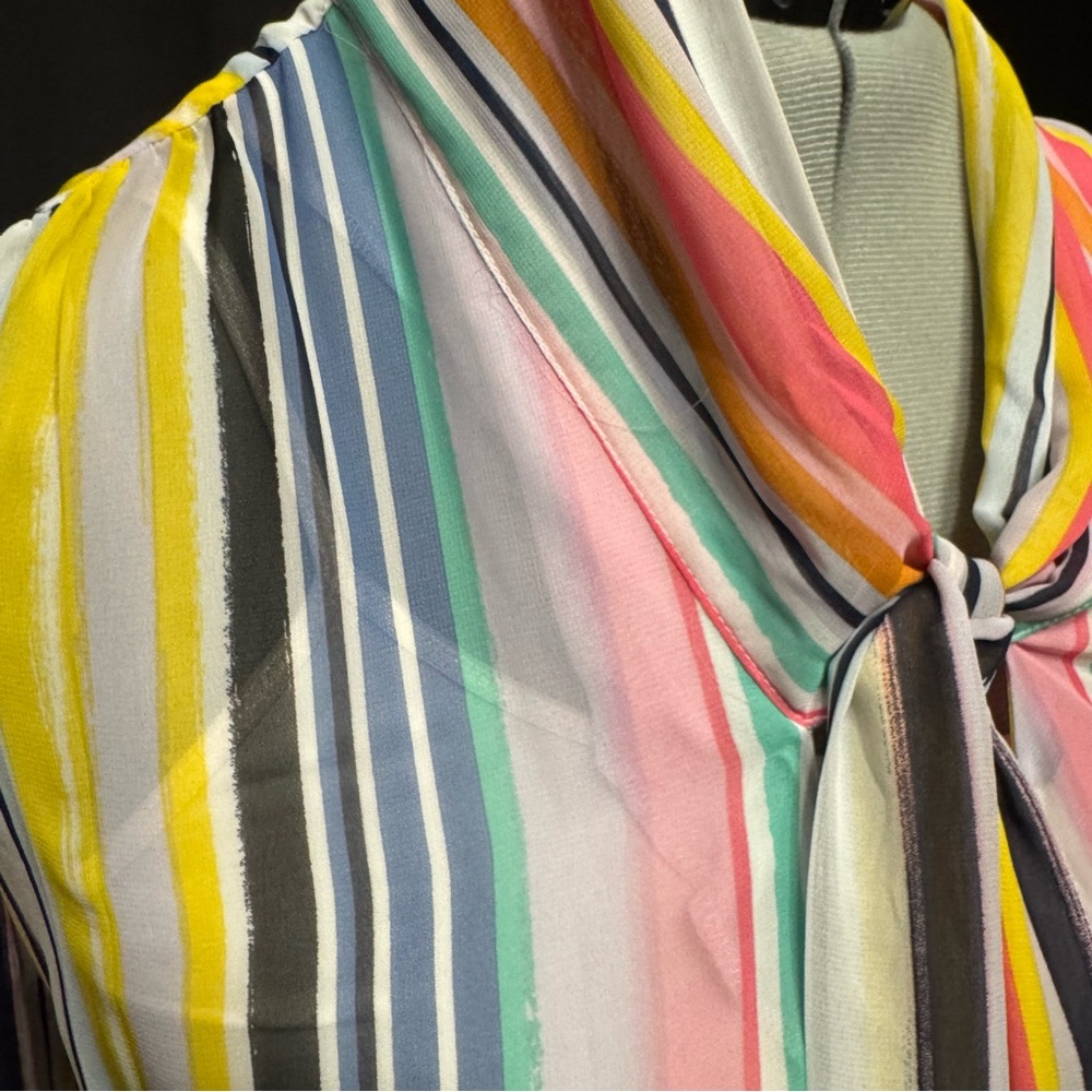 New York & Company Rainbow Sheer Vertical Stripes Tie-Neck Blouse | Size XL - Picture 8 of 16